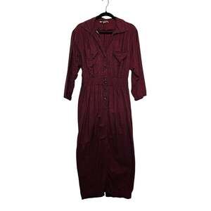 1980s Karen Alexander Vintage Red Black Shirt Maxi Dress Utility Pockets